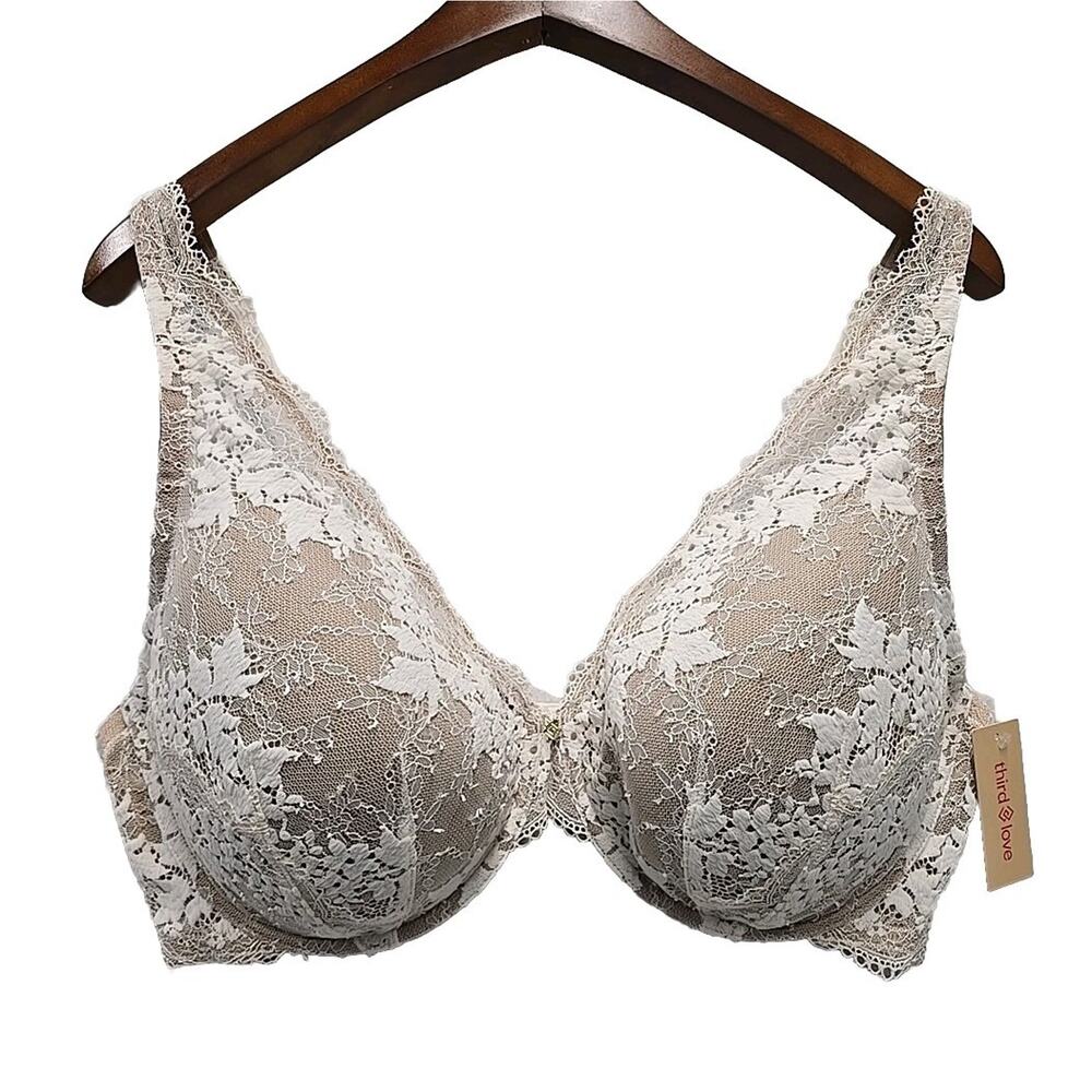 Third Love All Day Lace Uplift Plunge Bra Womens 40F Sea Salt Nude Ivory NWT